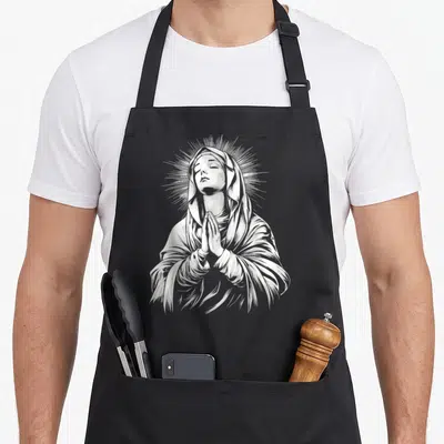 Tablier de cuisine noir avec une illustration blanche de La Bienheureuse Vierge Marie en prière et un halo rayonnant.