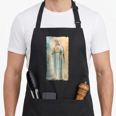 Tablier de cuisine noir avec une illustration de la Vierge Marie de Fatima tenant un rosaire et portant une robe bleu clair.