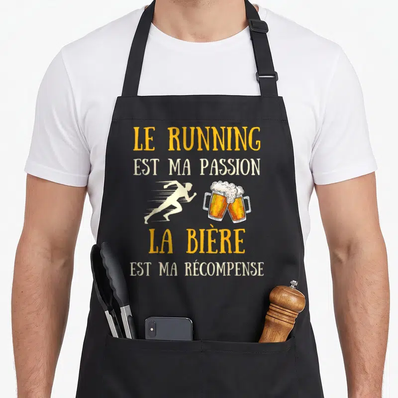 Tablier de cuisine noir avec le running est ma passion et la bière est ma récompense imprimé en jaune et blanc