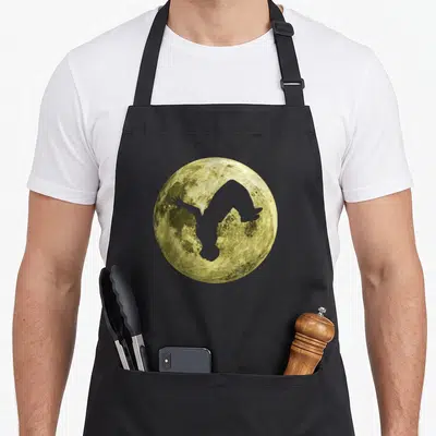 Tablier de cuisine noir avec silhouette d'acrobate inversée devant une lune jaune détaillée