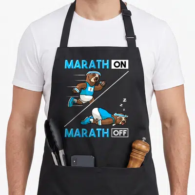 Tablier de cuisine noir avec illustration d'un tamanoir coureur et dormant sous les textes Marath On et Marath Off.