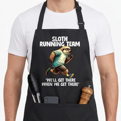 Tablier de cuisine noir avec illustration d'un fourrure en course portant des lunettes et un vêtement turquoise ainsi que du texte blanc.