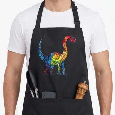 Tablier de cuisine noir avec illustration d'un Argentinosaurus stylisé en vitrail aux couleurs vives et dégradées.