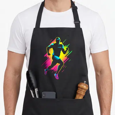 Tablier de cuisine noir avec une illustration colorée d'un homme courant en style bande dessinée aux éclats vifs.