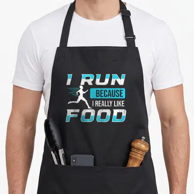 Tablier de cuisine noir avec silhouette runner blanche et texte I Run Because I Really Like Food en blanc et bleu cyan.