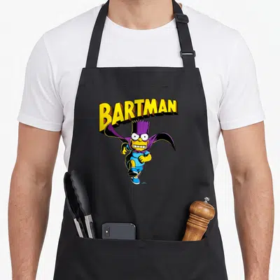 Tablier de cuisine noir avec l'illustration colorée de Bartman courant et son logo jaune en arrière-plan.
