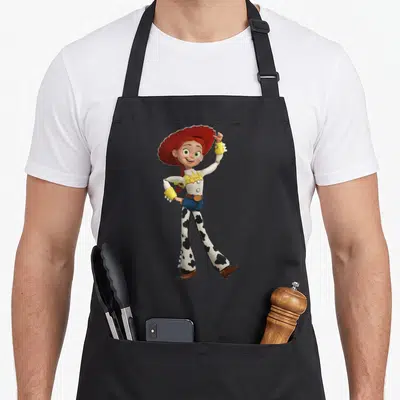Tablier de cuisine noir avec une cowgirl aux cheveux roux portant un chapeau rouge et un pantalon à motifs vachette.