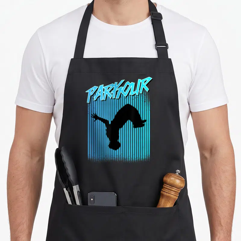 Tablier de cuisine noir avec silhouette parkour et texte PARKOUR en lettres bleues stylisées.