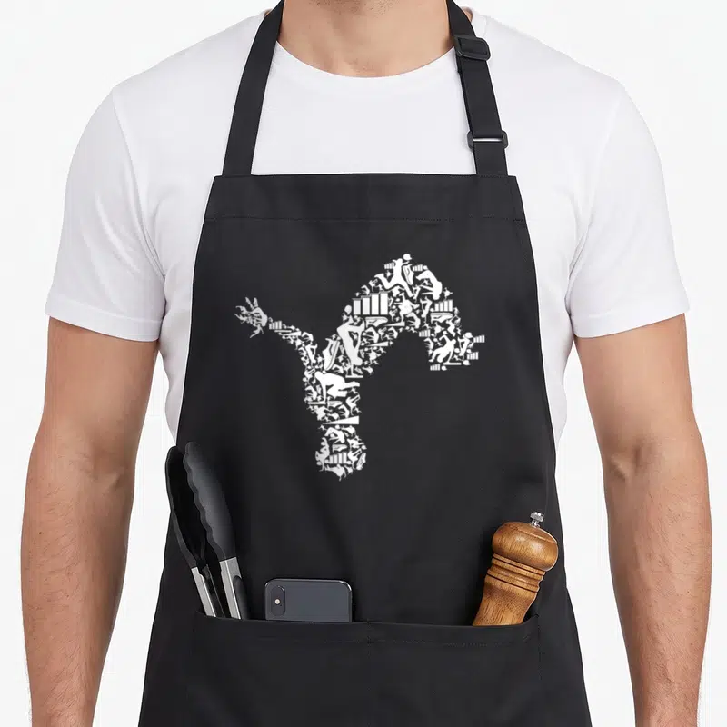 Tablier de cuisine noir avec motif blanc formant un Q par des silhouettes de parkour et traceurs urbains.