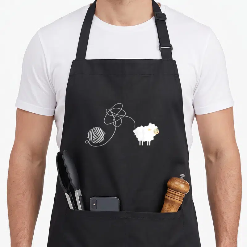 Tablier de cuisine noir avec illustration d'un mouton blanc et d'une boule de fil blanc tracée en ligne fine.