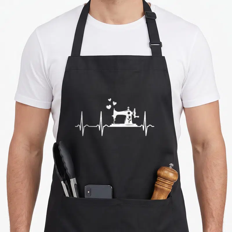 Tablier de cuisine noir avec une machine à coudre blanche insérée dans une ligne de rythme cardiaque et des petits coeurs flottants.