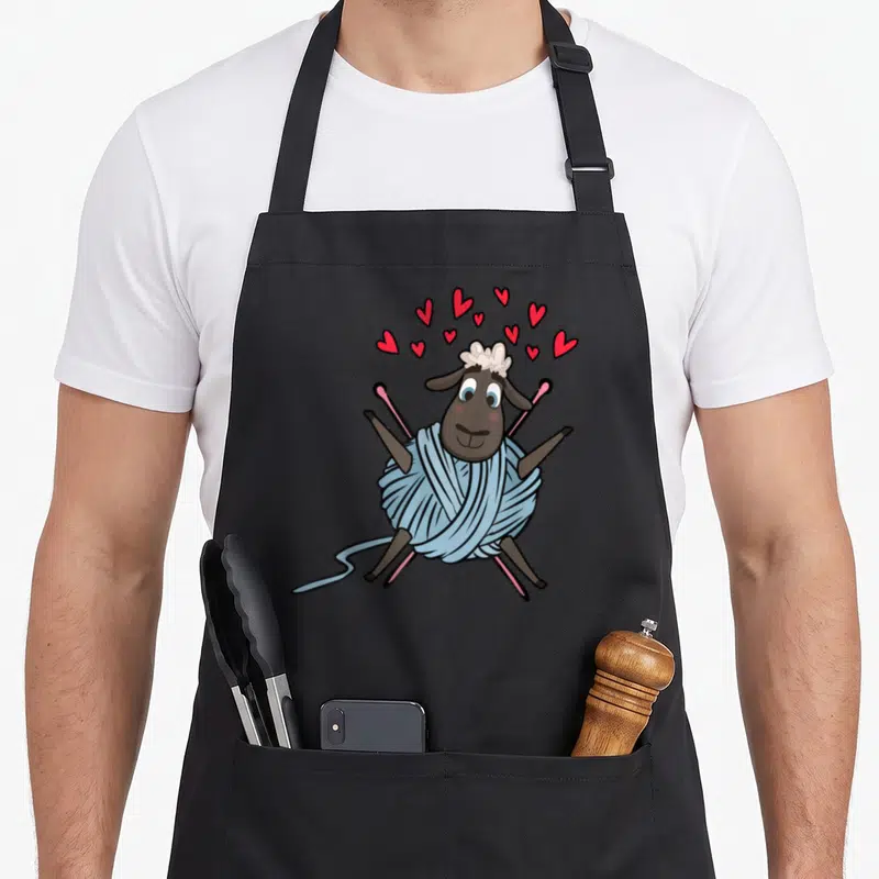 Tablier de cuisine noir avec un mouton enveloppé dans un fil bleu et des aiguilles à tricoter roses.