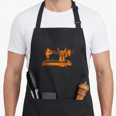 Tablier de cuisine noir avec une machine à coudre vintage imprimée en orange éclaboussé.