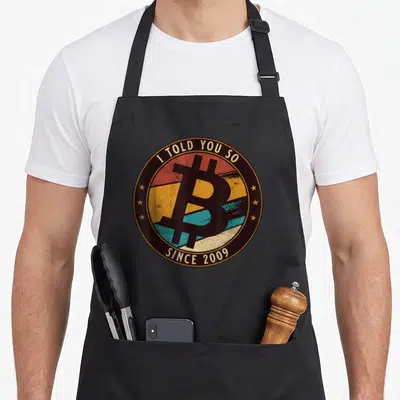 Tablier de cuisine noir avec un badge rond vintage affichant le symbole Bitcoin et des étoiles dorées sur fond multicolore.