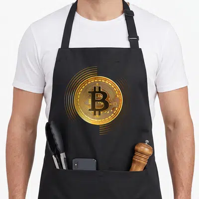 Tablier de cuisine noir avec une pièce Bitcoin dorée et des ondes circulaires autour.