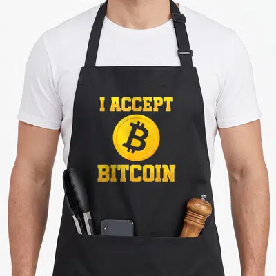 Tablier de cuisine noir avec inscription jaune I Accept Bitcoin et logo BTC doré central.