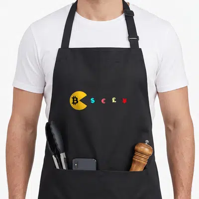 Tablier de cuisine noir avec un Bitcoin stylisé Pac-Man avalant des symboles de devises mondiales colorés.