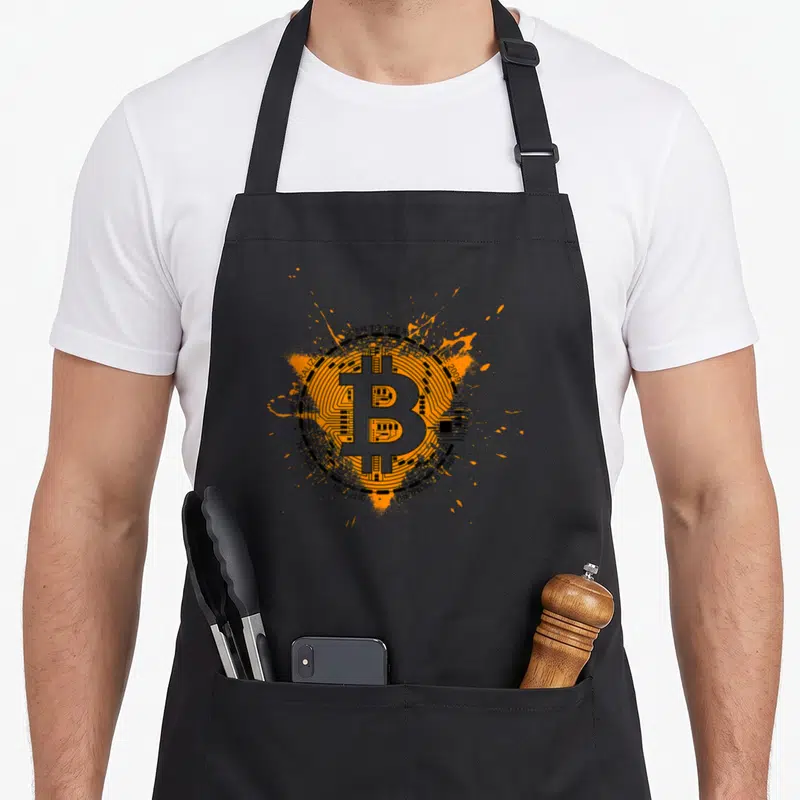 Tablier de cuisine noir avec logo Bitcoin BTC, texte Peer to Peer et éclaboussures oranges stylisées.