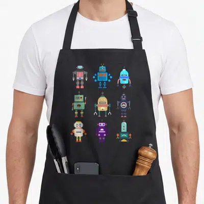 Tablier de cuisine noir avec neuf robots colorés aux designs rétro disposés en grille.