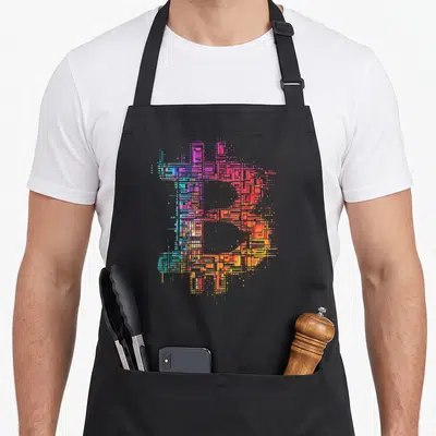 Tablier de cuisine noir avec un logo Bitcoin composé de pixels colorés vifs sur fond gris uni.
