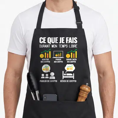 Tablier de cuisine noir avec le texte ce que je fais durant mon temps libre et des icônes sur les cryptomonnaies.