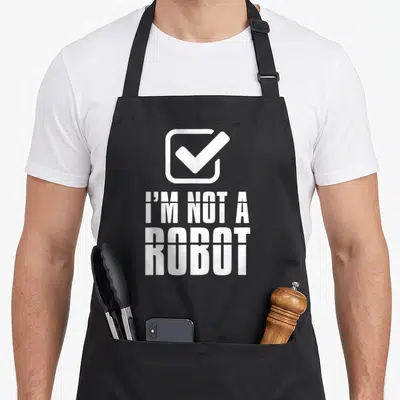 Tablier de cuisine noir avec case à cocher et texte blanc I'M NOT A ROBOT imprimé au centre.