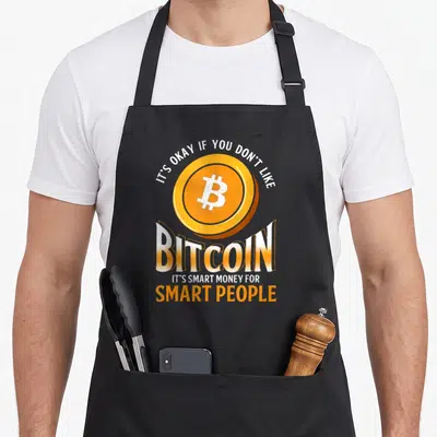 Tablier de cuisine noir avec une pièce Bitcoin orange et un slogan humoristique sur l'argent intelligent pour les personnes avisées.