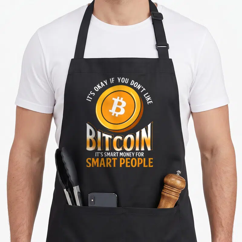 Tablier de cuisine noir avec une pièce Bitcoin orange et un slogan humoristique sur l'argent intelligent pour les personnes avisées.