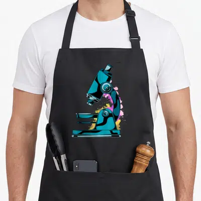 Tablier de cuisine noir avec illustration d'un microscope bleu turquoise et éclaboussures roses et jaunes.