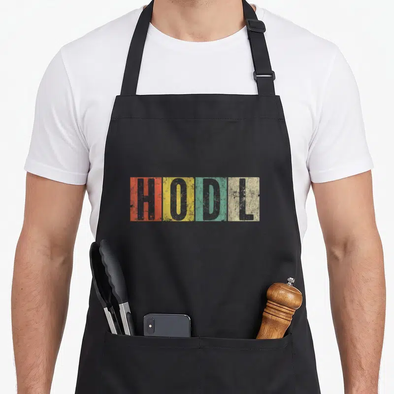 Tablier de cuisine noir avec inscription HODL sur quatre rectangles colorés orange jaune vert et beige texturés.