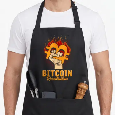 Tablier de cuisine noir avec un poing tenant un symbole Bitcoin enflammé et le texte BITCOIN Revolution imprimé en orange.