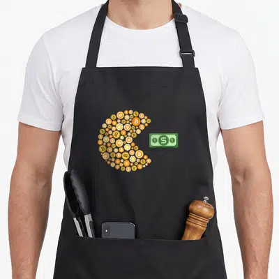 Tablier de cuisine noir avec un Pac-Man composé de symboles Bitcoin orange et d'une pièce verte à dollar.