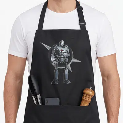Tablier de cuisine noir avec une illustration du Géant de fer tenant un enfant en chemise rouge au centre de sa poitrine métallique.