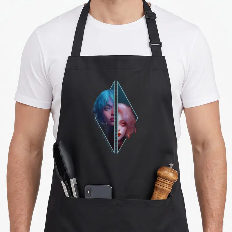 Tablier de cuisine noir avec illustration diamond cyberpunk montrant deux visages féminins aux cheveux bleus et roses séparés par une ligne verticale.