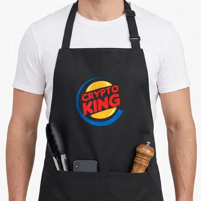 Tablier de cuisine noir avec un logo rouge et jaune « CRYPTO KING » entouré d'un cercle bleu.