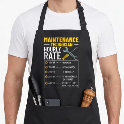 Tablier de cuisine noir avec illustration d'une clé et d'un tournevis croisés au-dessus d'un tableau de tarifs humoristiques.