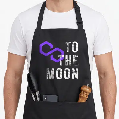 Tablier de cuisine noir avec logo hexagone violet et inscription To The Moon en blanc texturé.