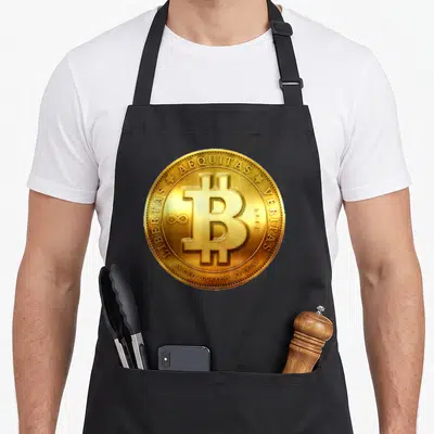 Tablier de cuisine noir avec une pièce Bitcoin dorée imprimée au centre.
