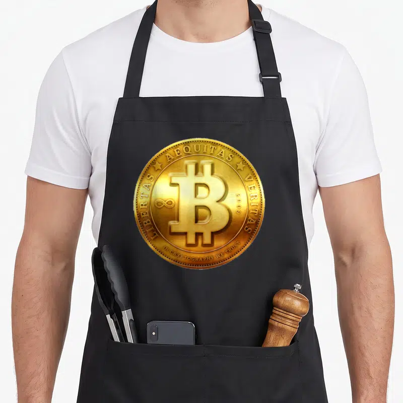 Tablier de cuisine noir avec une pièce Bitcoin dorée imprimée au centre.