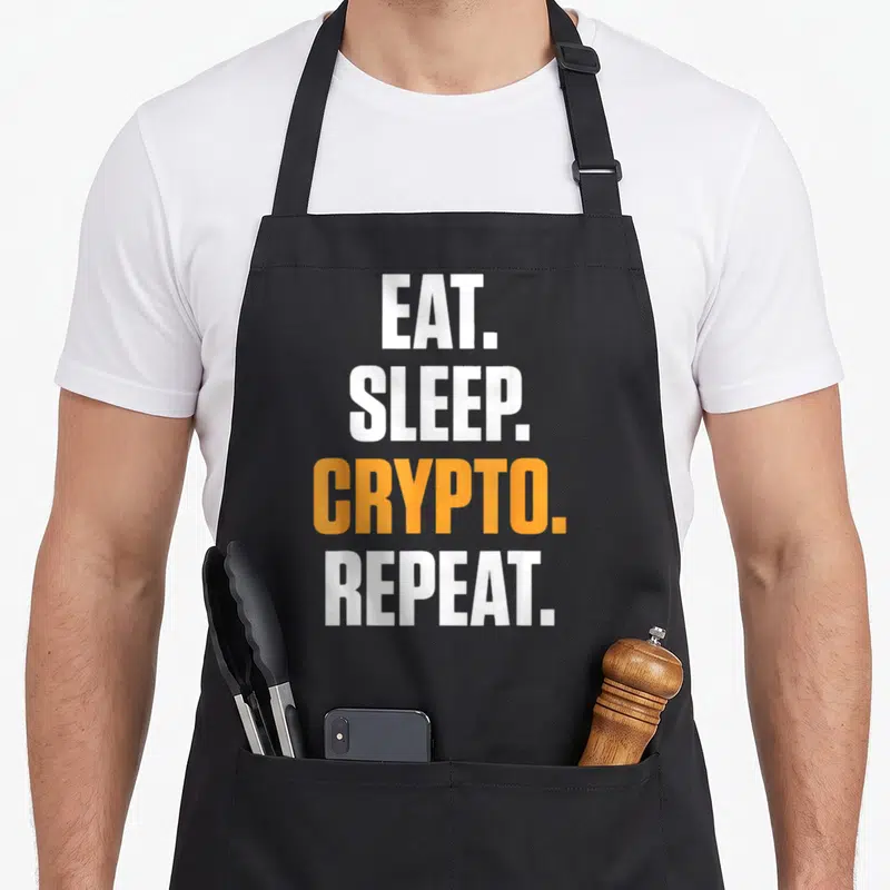 Tablier de cuisine noir avec le texte blanc et orange Eat Sleep Crypto Repeat imprimé au centre.
