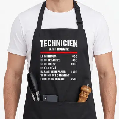 Tablier de cuisine noir avec un tableau blanc et rouge listant les tarifs horaires d'un technicien par ordre croissant.