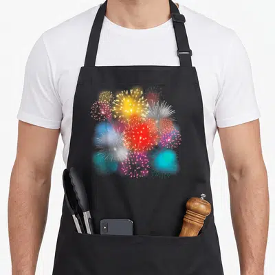 Tablier de cuisine noir avec une illustration de feux d'artifice colorés et le mot Pyro imprimé au centre.
