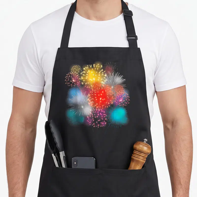 Tablier de cuisine noir avec une illustration de feux d'artifice colorés et le mot Pyro imprimé au centre.