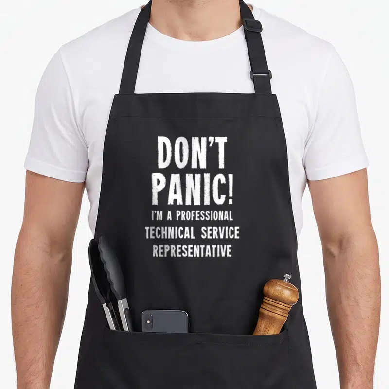 Tablier de cuisine noir avec inscription blanche Don't Panic et mention représentant du service technique.