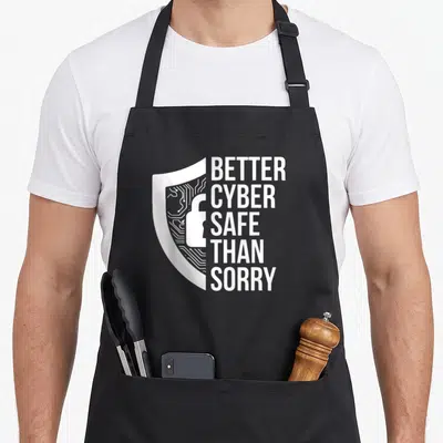 Tablier de cuisine noir avec un bouclier circuit imprimé et le texte Better Cyber Safe Than Sorry en blanc.