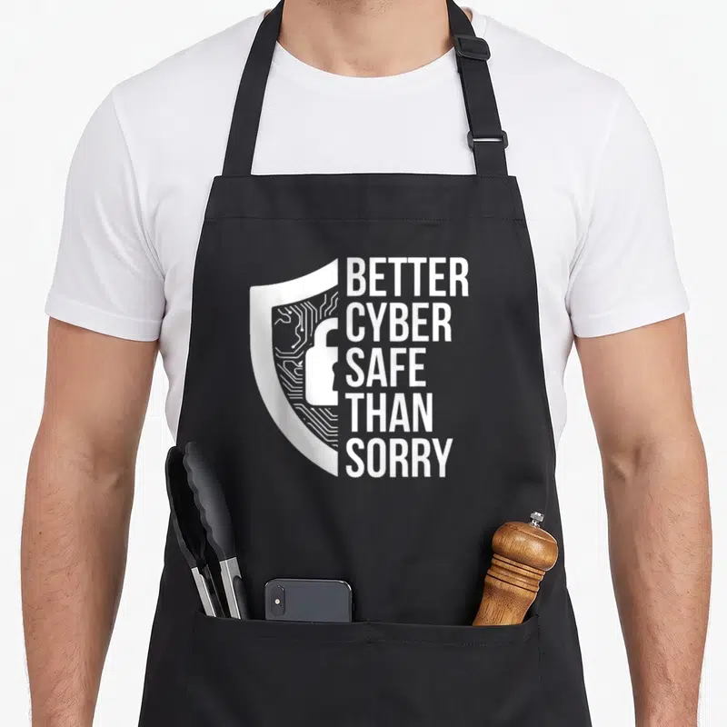 Tablier de cuisine noir avec un bouclier circuit imprimé et le texte Better Cyber Safe Than Sorry en blanc.
