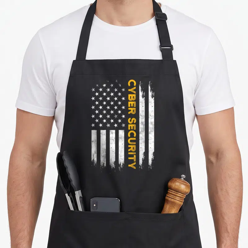 Tablier de cuisine noir avec drapeau américain stylisé en blanc et texte CYBER SECURITY vertical en orange sur le côté droit.