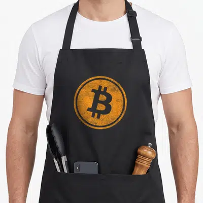 Tablier de cuisine noir avec une pièce Bitcoin orange et grise stylisée au centre du torse.