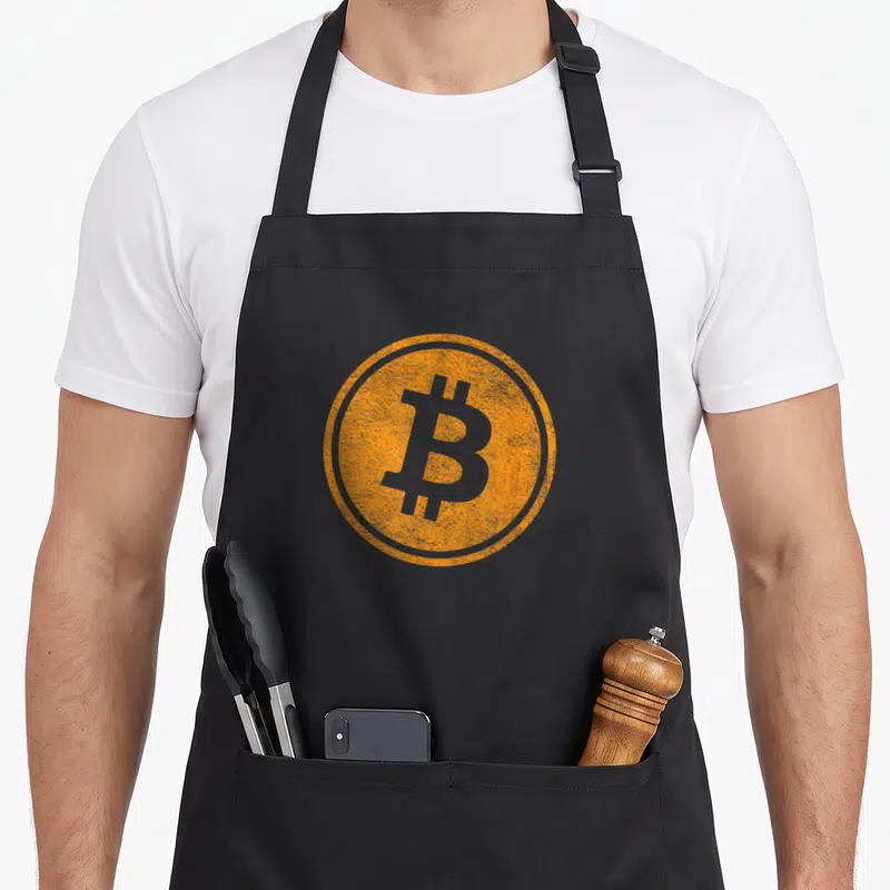 Tablier de cuisine noir avec une pièce Bitcoin orange et grise stylisée au centre du torse.