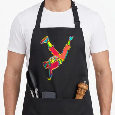 Tablier de cuisine noir avec illustration colorée d'un danseur break dance en équilibre sur une main